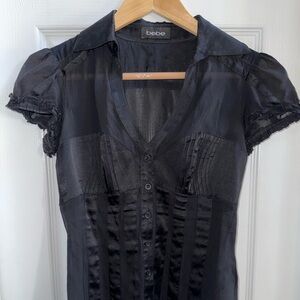 Vintage Bebe Black Silk Top S Ruffled Puff Short Sleeve Victorian Romance Edgy